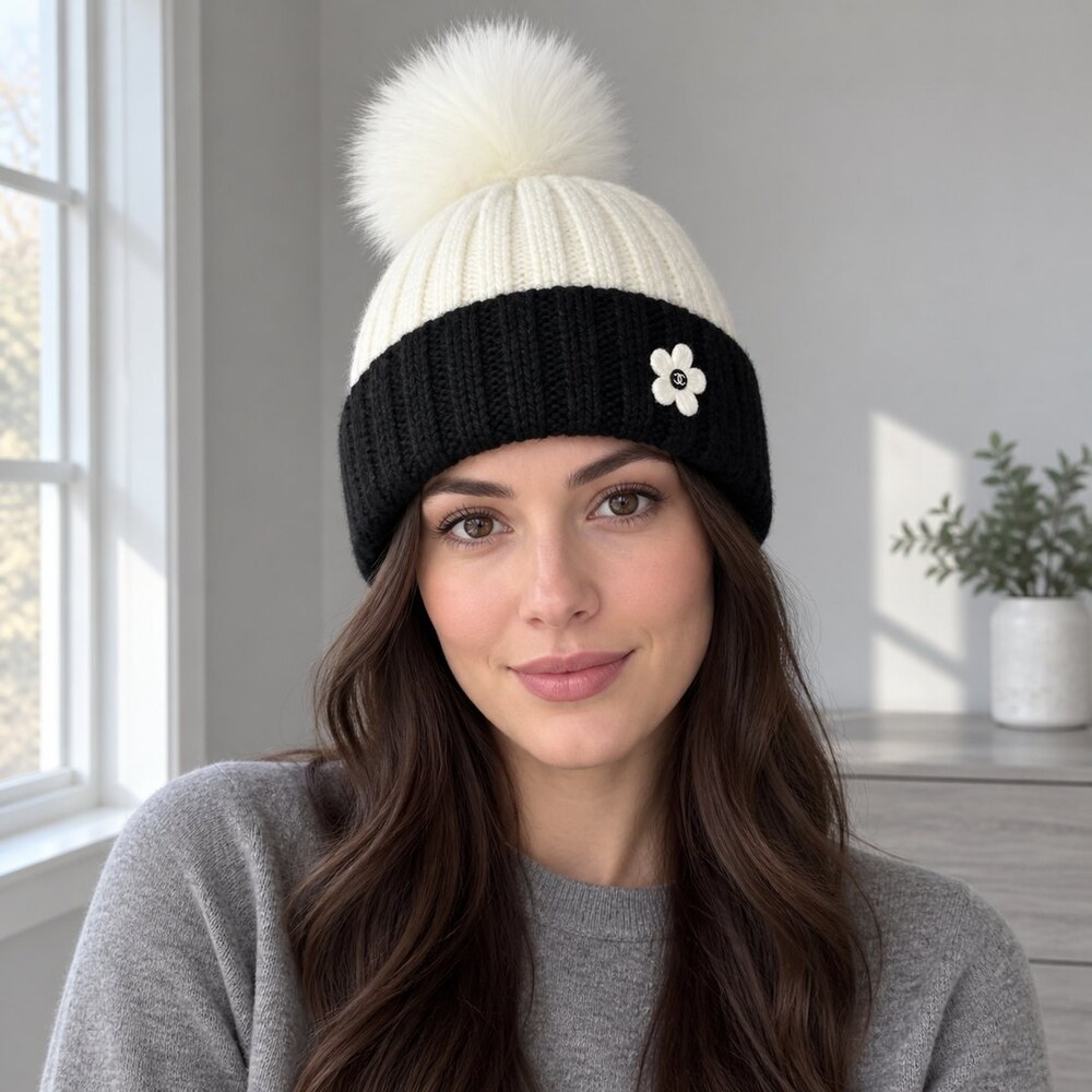 CHANEL Two-Tone Pom Pom Knit Beanie - Picture 2 of 6